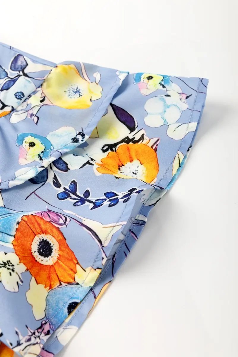 Sky Blue Flutter Sleeve V Neck Floral Top for Women - Love Salve